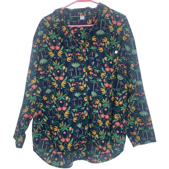 Old Navy Long-Sleeve Button Up Shirt Size L Blue Tropical Banana & Floral Print - Picture 1 of 14